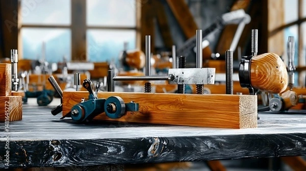 Fototapeta Wooden workpieces, tools and clamps on a workbench
