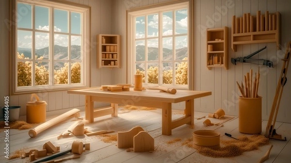 Fototapeta Wooden workshop with mountain views.  Tools, wood, and sunlight fill a cozy space
