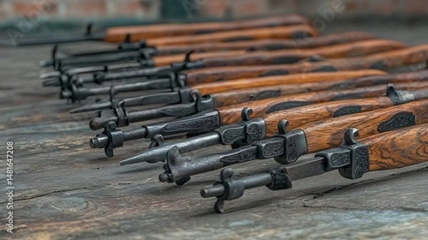 Fototapeta Wooden-handled firearm components on rustic workbench