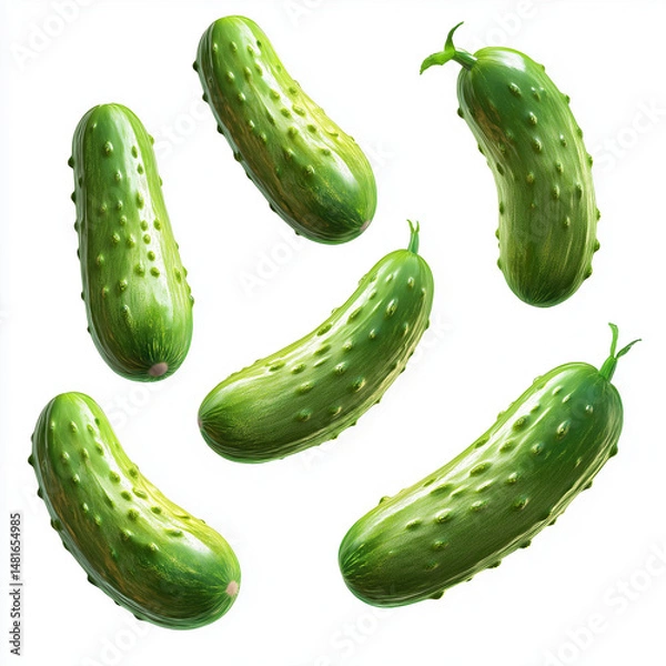 Fototapeta Six cucumbers floating against white background