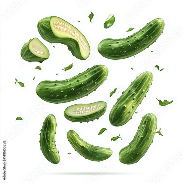 Fototapeta Six cucumbers floating against white background