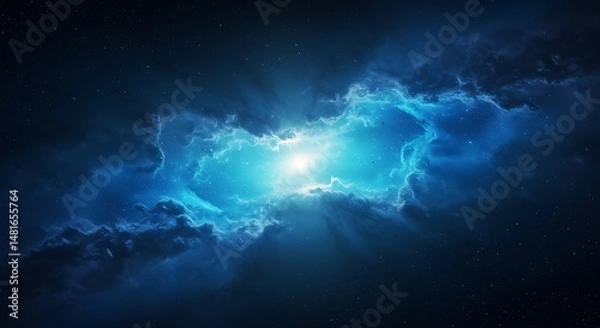 Fototapeta Bright celestial cloud with radiant light at center, surrounded by deep blue and scattered stars.