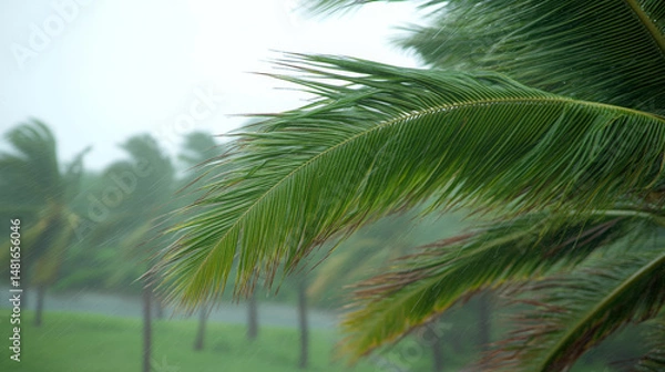 Obraz Close-up of palm trees bending under strong winds during a storm  