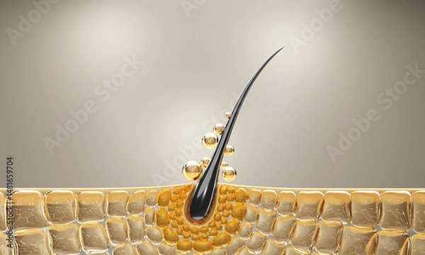 Fototapeta 3D hair follicle cross-section showing nutrient absorption and scalp hydration, perfect for haircare and shampoo product visuals.