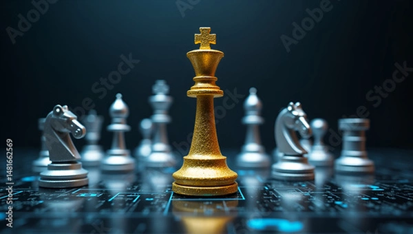 Fototapeta Majestic Golden Chess King with Intricate Detailing and Regal Design on a Dramatic Dark Background