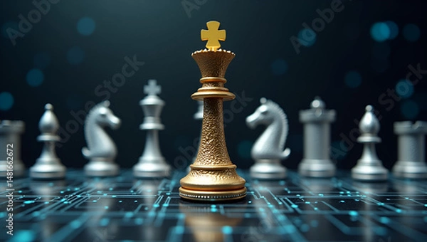 Fototapeta Majestic Golden Chess King with Intricate Detailing and Regal Design on a Dramatic Dark Background