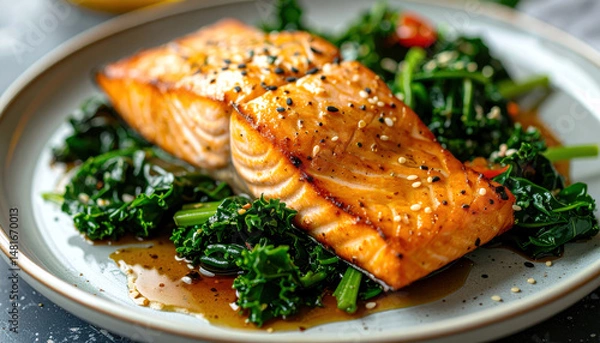 Fototapeta Grilled salmon with miso butter on bed of sauteed greens, garnished with sesame seeds, served on plate