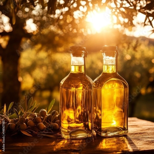 Obraz Golden Olive Oil Bottles Surrounded by Nature at Sunrise