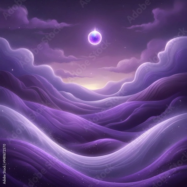 Fototapeta Abstract Purple Landscape with Soft Waves and Sphere