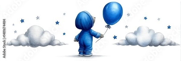 Obraz Little Blue Bear's Balloon Voyage - A whimsical watercolor painting of a cute blue bear in a spacesuit, holding a blue balloon, floating among clouds and stars. Symbolizing dreams, adventure