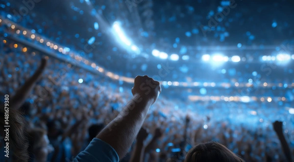 Obraz In the heart of an electric stadium, fans at large-scale sports events are waving their fists and cheering for victory with excitement in hand holding pencils, creating a lively at