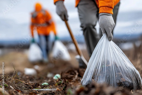 Obraz Close up, Young green activists picking up litter in nature