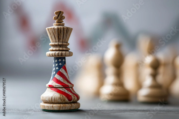 Obraz Chess king with USA flag print in front of market chart symbolizing US trading strategy, investment policy, and economic trends