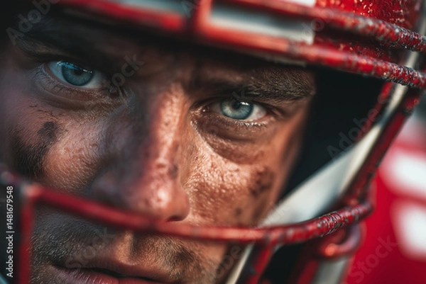 Obraz A close-up portrait of an American football player in red and white gear, capturing the intensity on his face as he looks directly at the camera with focused eyes. The helmet is de