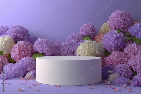 Obraz White podium with pastel flowers for product presentation, cosmetic or beauty background. Mock-up scene with a round pedestal and purple hydrangeas in the studio. 3D rendering.