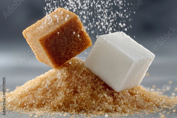 Obraz Two cubes of brown sugar and two blocks of white cane sugar falling into the pile of brown sugar, on a gray background, high-resolution photography, high-quality details, professio