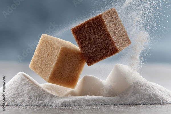 Obraz Two cubes of brown sugar and two cubes of white sugar are falling on top of each other, with some sugar powder scattered around them. The background is gray, creating an abstract a