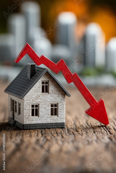 Obraz A house model with a red arrow pointing downward, a graph showing a downward trend, representing the concept of a falling housing market or declining home values.