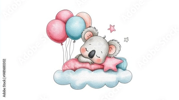 Fototapeta Watercolor Koala Dreaming on Clouds - Cute koala sleeping peacefully on a fluffy cloud, surrounded by pastel balloons and stars. Symbolizing dreams, serenity, sweetness, childhood, and tranquility