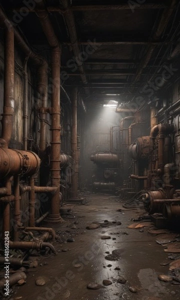 Obraz Dark, damp basement with aged machinery & rusted pipes ,  texture,  heavy machinery
