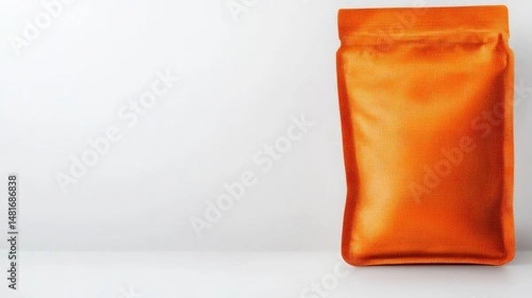 Fototapeta An orange standing pouch with a zipper seal rests on a white surface, providing ample space for design and ing in a clean, minimalist composition.
