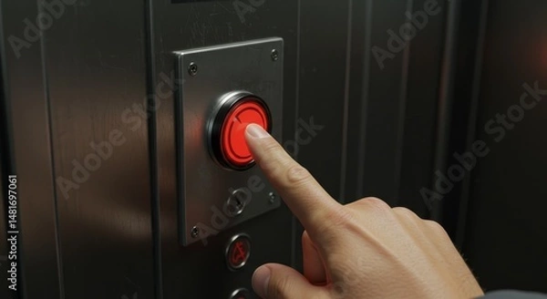 Obraz 3D Render of Finger Pressing Red Elevator Button