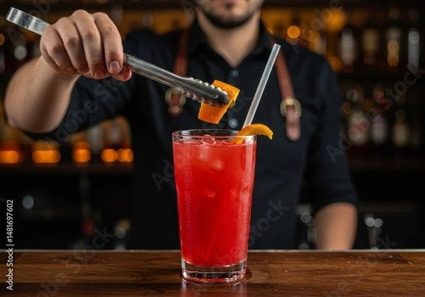 Obraz Bartender Adding Orange Garnish To Red Cocktail At Bar