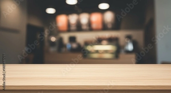 Obraz Blurred Cafe Background Photo With Empty Wooden Table