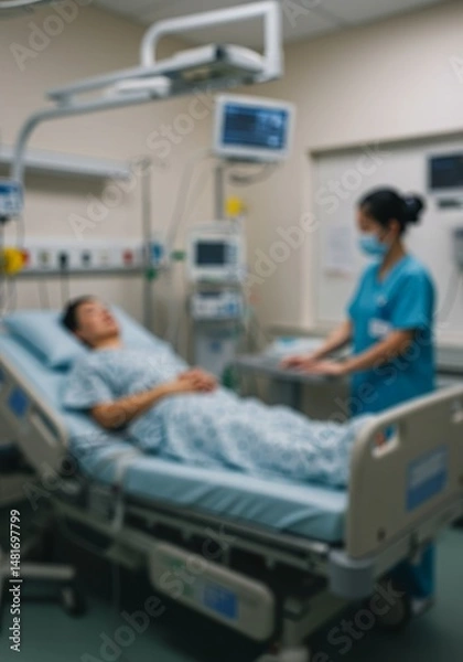 Fototapeta Blurred Photo of Patient in Hospital Bed with Nurse