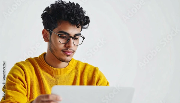 Fototapeta Young Man in Yellow Sweater Uses Tablet - Focused, Modern Image