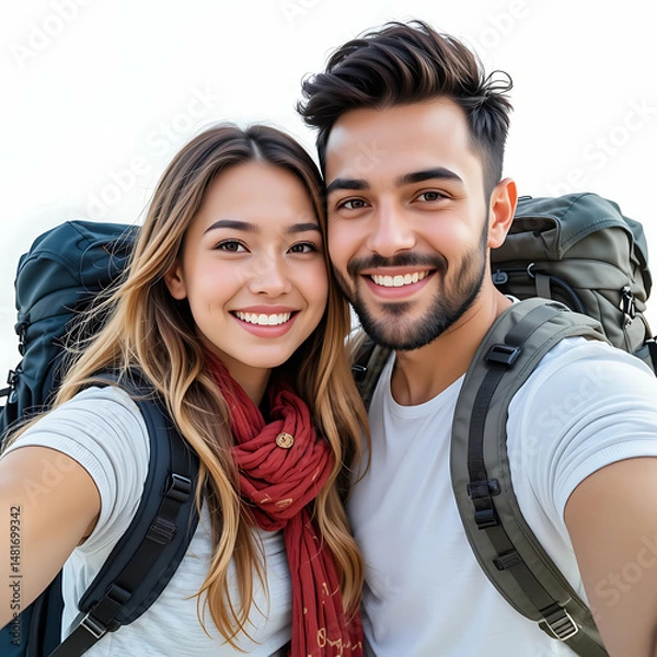 Fototapeta Adventurous Couple's Travel Selfie: Backpacks & Smiles!