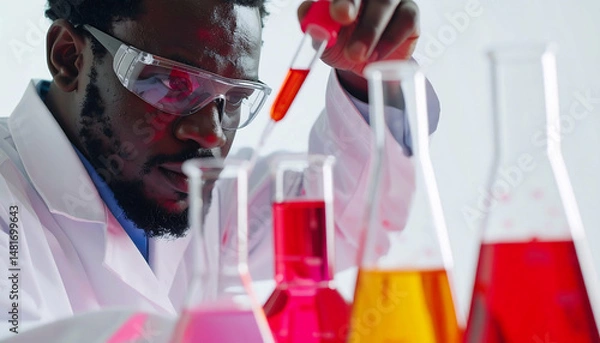 Fototapeta Black Scientist Conducting Experiments in Lab with Colorful Liquids