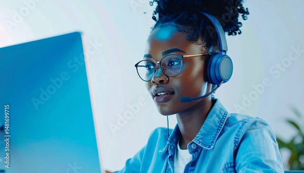 Fototapeta Black Woman Customer Service Agent, Tech Support, Headset & Computer