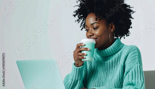 Fototapeta Black Woman Working on Laptop, Enjoying Coffee Break