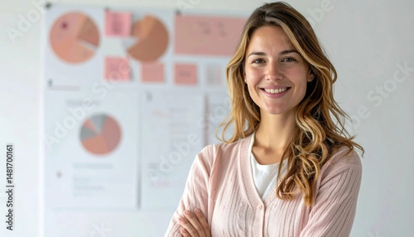 Fototapeta Confident Businesswoman Smiling, Charts & Data in Background
