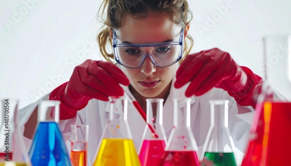 Fototapeta Female Scientist in Lab Coat Conducting Experiments with Colorful Chemicals