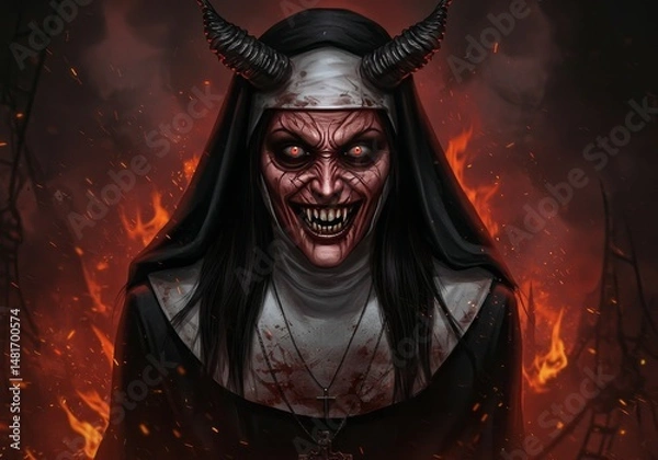 Obraz Illustration: Sinister Nun with Devil Horns in Fiery Hell