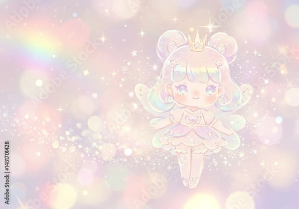 Fototapeta Illustration of Cute Fairy with Pastel Rainbow Sparkle Glitter Background