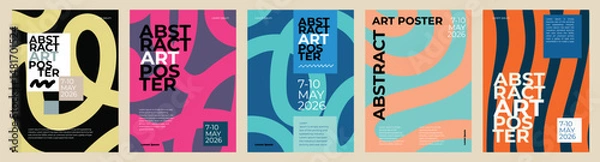 Obraz Vibrant set of abstract modern poster templates with bold wavy shapes, striking typography and artistic layouts. Ideal for events, branding, covers, flyers, ads, creative promos, and prints.