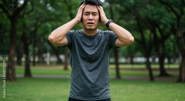 Fototapeta Photo of Asian Man with Headache in Park After Exercise