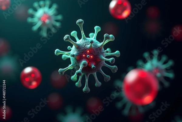 Obraz Detailed Photorealistic 3D Rendering of Intricate Virus Particles Displaying Infection Mechanisms and Potential Threat to Human Health in Close Up