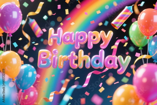 Obraz Multicolor Bokeh Happy Birthday Streamers Glossy 3D Text HD Graphic