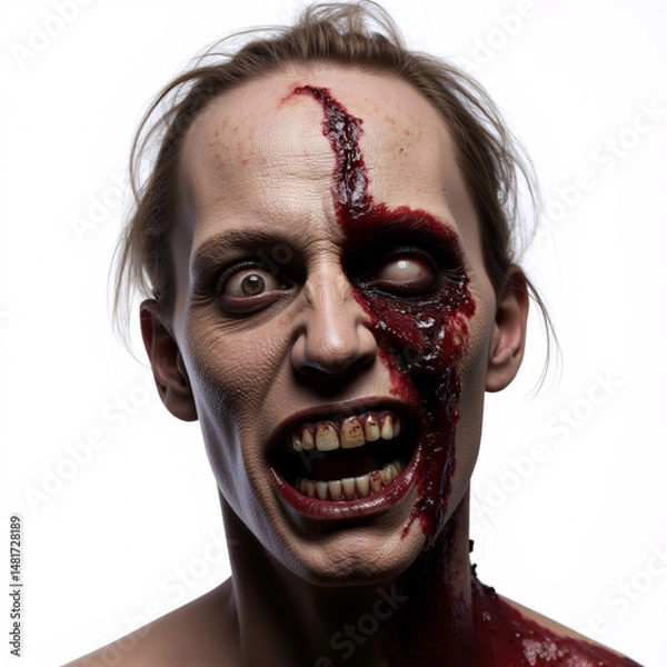 Fototapeta A woman's face with a deep laceration on her forehead and an open wound running down her cheek.