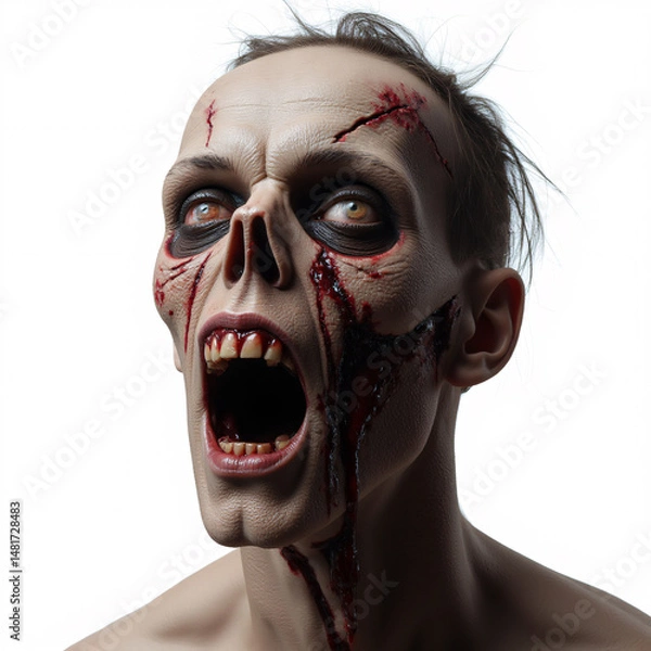 Obraz A hauntingly beautiful portrait of a man with a grotesque, zombie-like appearance, his eyes sunken and skin pale, surrounded by blood-stained fabric.