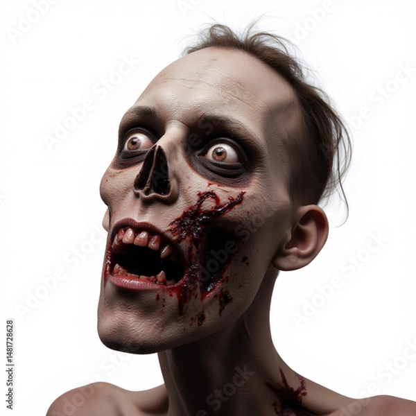 Obraz A terrifying zombie with a grotesque face and exposed bones, its eyes sunken deep into their sockets as if staring into the abyss.