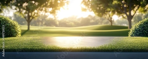 Obraz Sunny park path, green grass, sunset