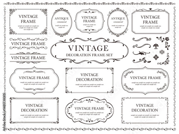 Obraz ビンテージフレーム・アンティークフレーム・ビクトリアンオーナメントのセット／モノクロ