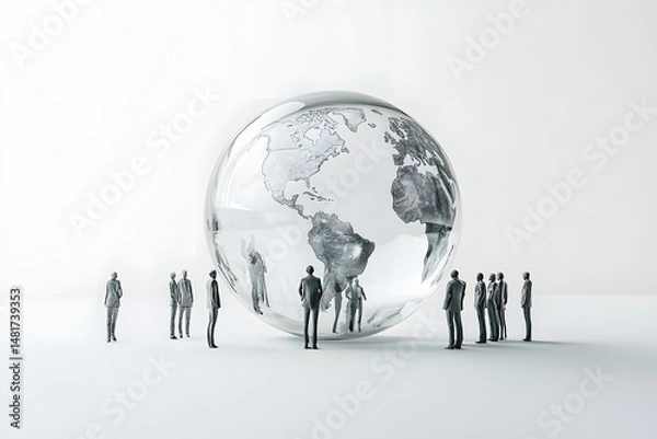 Fototapeta A glass sphere with people standing around it, white background, minimalist style, global vision