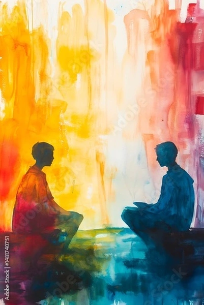 Obraz Vibrant Watercolor Conversation in Serene Setting, Generative AI