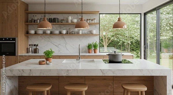 Fototapeta The image showcases a modern kitchen featuring a marble-topped island with wooden seating, stylish black pendant lighting, wooden cabinetry and open shelves, and a view of the green garden